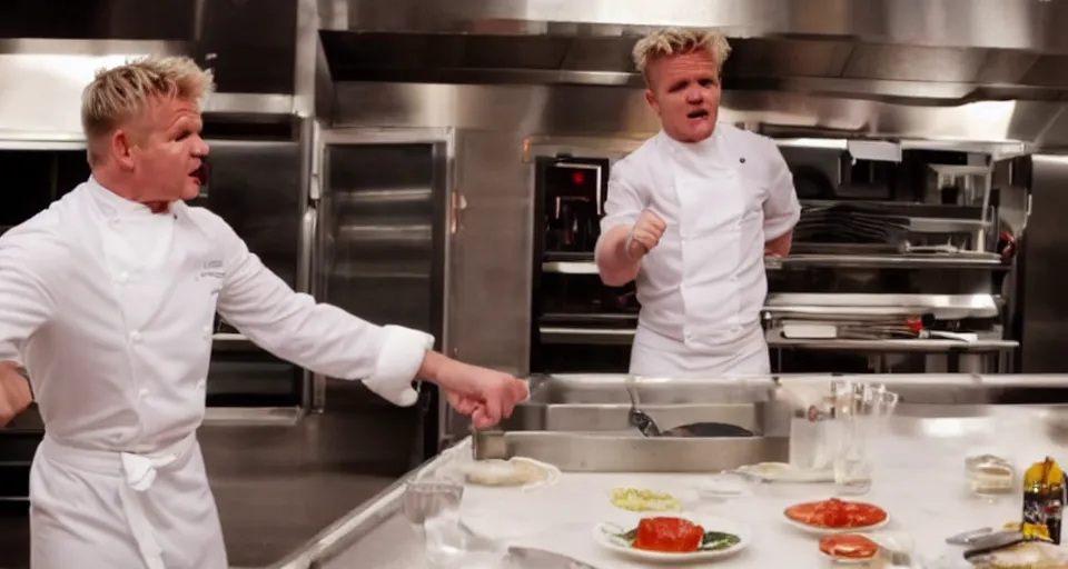 Image similar to photo of angry furious Gordon Ramsay punching Gordon Ramsay at the kitchen