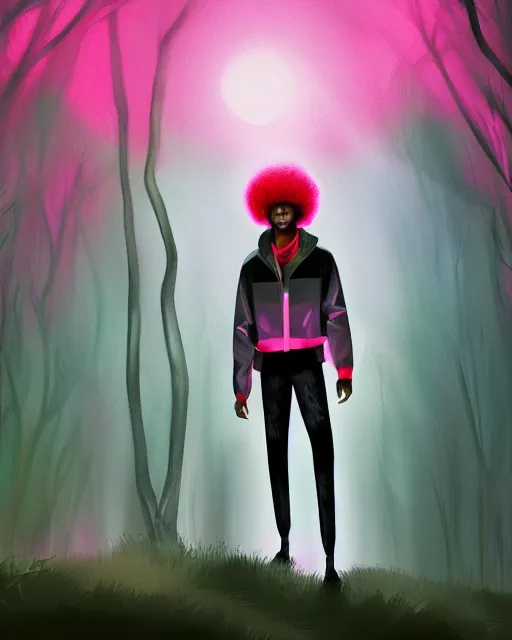 Prompt: man with pink glowing afro wearing disco jacket, standing in atmospheric spring forest at night, high contrast photoshop digital painting, beautiful moon lighting, best of artstation 4 k