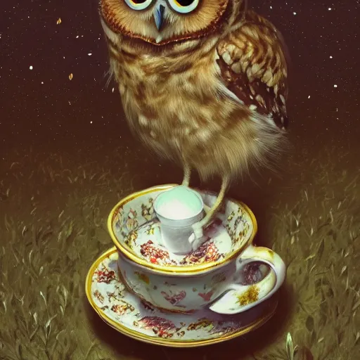 Prompt: long shot of a very cute owl chick nesting in a very romantique cup, by esao andrews, by james jean, marc simonetti, by victo ngai, humorous illustration, hyperrealistic, big depth of field, warm colors, night scenery, dim light, 3 d octane render, 4 k, hyperdetailed, hyperrealistic, trending on artstation