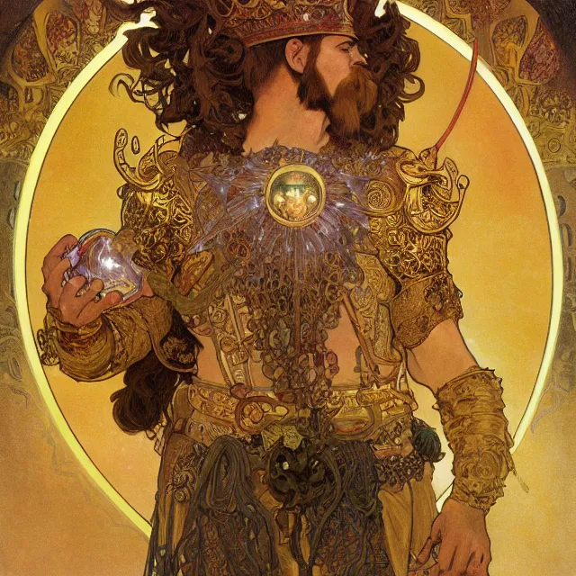 Image similar to an aesthetic! a detailed portrait of a man in a long beard, in golden armor, with a crown, holding a lantern with stacks of gold in the background, by frank frazetta and alphonse mucha, oil on canvas, art nouveau dungeons and dragons fantasy art, hd, god rays, ray tracing, crisp contour lines, huhd