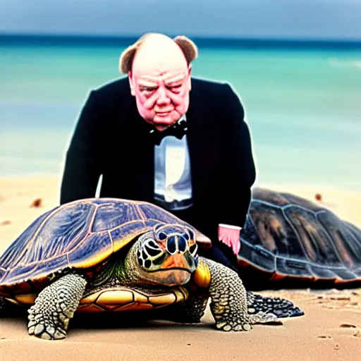 Prompt: An astonished Winston Churchill with mouth agape discovers the first turtle ever in Galapagos, national geographic, XF IQ4, f/8, ISO 200, 1/160s, 8K, RAW, directed gaze