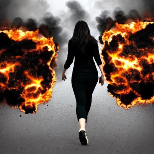 Image similar to Savage photo of a pretty! woman wearing black walking away from an explosion, majestic!!