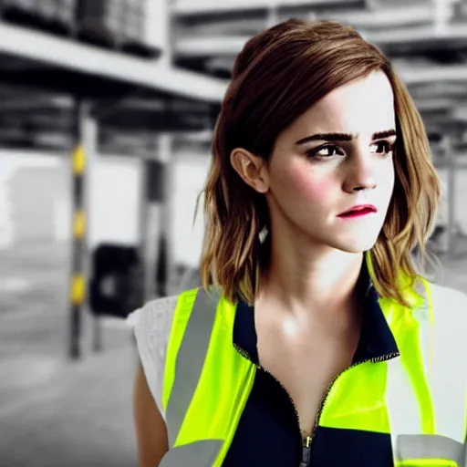 Prompt: photo, close up, emma watson in a hi vis vest, in warehouse, soft light, android cameraphone, snapchat story screenshot, 2 6 mm,