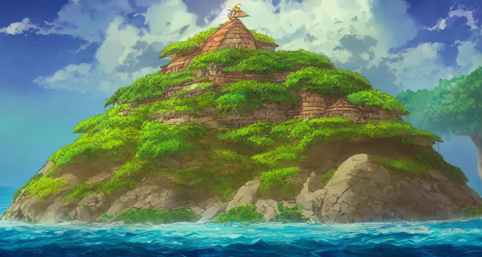 Image similar to a turtle island , fantasy painting by Studio Ghibli,trending on artstation