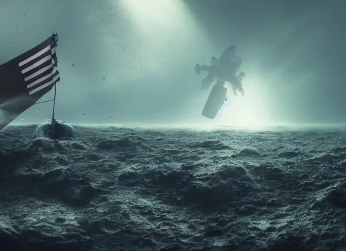 Image similar to astronaut underwater putting a flag in the sand of the bottom of the ocean. the remains of a futuristic submarine are visible in the distance. dark, concept art, cinematic, dramatic, atmospheric, 8 k, trending on artstation, low visibility, fog, ocean floor, zack snyder