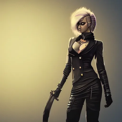 Prompt: beautiful punk warrior woman in business suit, low camera angle, intimidating pose, concept art, high definition details, symmetrical, twilight lighting, volumetric lighting, trending on art station