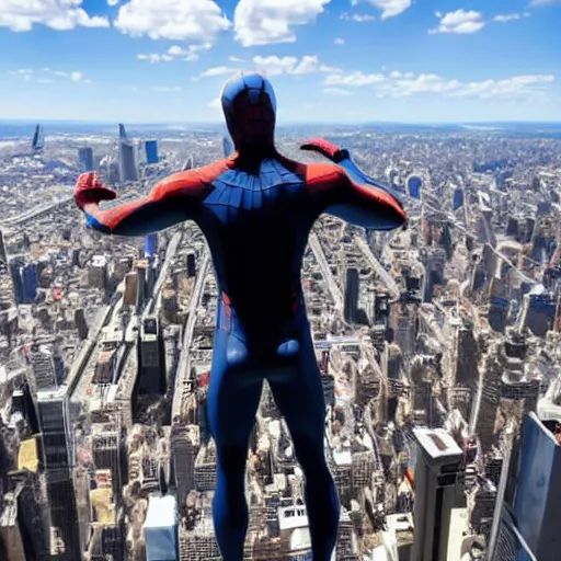 Prompt: marvel spider - from back hands on waist standing on top of the empire state building