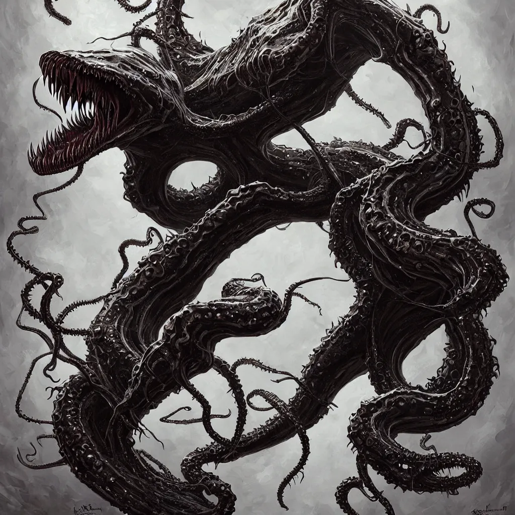 Image similar to venom, large mouth with teeth!!!!, elongated arms, short legs, lovecraftian horror!, surrealism, fantasy, intricate, elegant, highly detailed, digital painting, artstation, concept art, matte, sharp focus, illustration, art by keith thompson and christopher lane