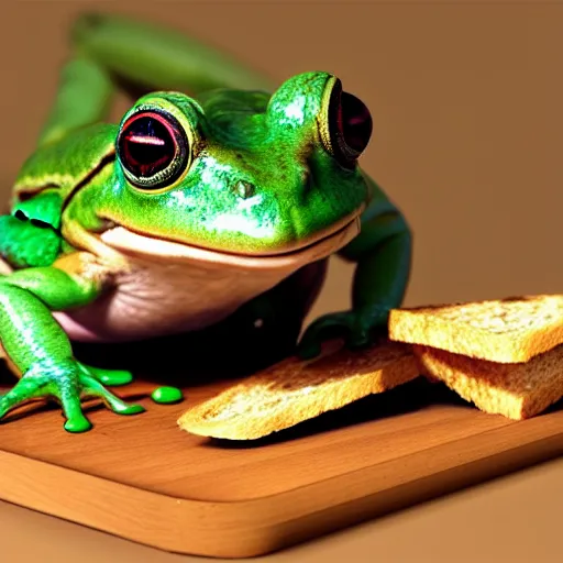 Prompt: hyperrealistic film still of a cute frog eating toast stunning 3 d render, inspired by istvan sandorfi & greg rutkowski & unreal engine, perfect facial symmetry, dim volumetric cinematic lighting, 8 k octane comprehensive render, extremely hyper - detailed, incredibly lifelike attributes, intricate, real flesh texture, masterpiece, artstation, stunning,