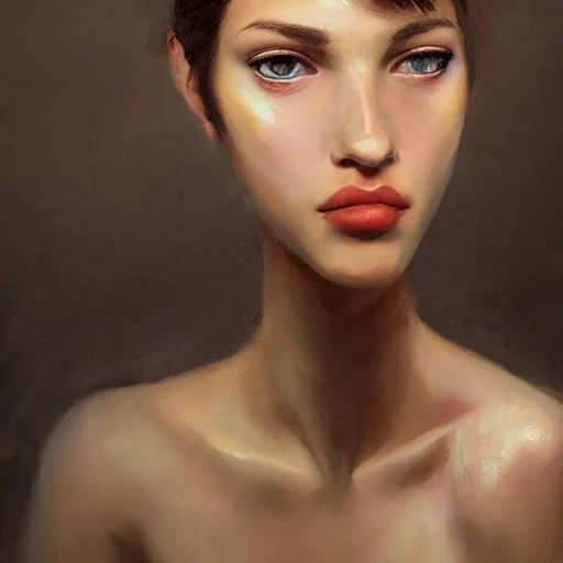 Prompt: portrait of a beautiful stunning young woman sitting with full cute face big eyes long neck thin top lip full figure seductive sensual alluring attractive, in the style of disco elysium, expressionism, artstation, trending, by aleksander rostov, jenny saville, rembrandt, alex kanevsky, wassily kandinsky,