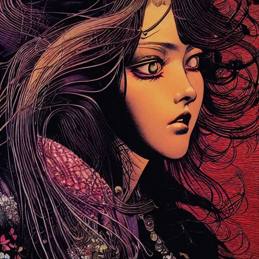 Prompt: closeup of girl from 8 0 s, by yoichi hatakenaka, masamune shirow, josan gonzales and dan mumford, ayami kojima, takato yamamoto, barclay shaw, karol bak