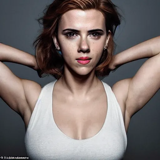 Image similar to a woman who is a genetic combination of scarlett johansson and emma watson face and upper - body focus