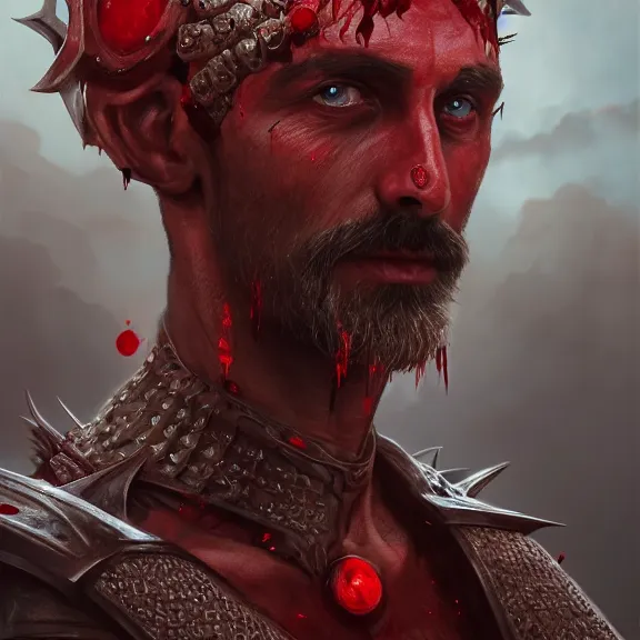 Prompt: a highly detailed 4 k fantasy matte painting of a man wearing thorn covered armor with short blonde hair mustache beard and blood red eyes portrait, zdzislaw beksinski, artstation, cgsociety, unreal engine