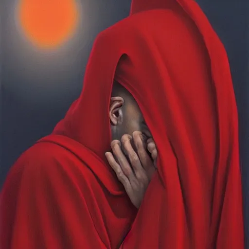 Image similar to the red hooded monk, side profile, trending on artstation, 8 k, by gerard brom and zdzisław beksinski
