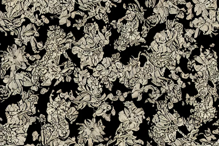 Prompt: elegant pattern of surreal, organisms, flowers isolated in a black background : : art nouveau, by rafał olbinski