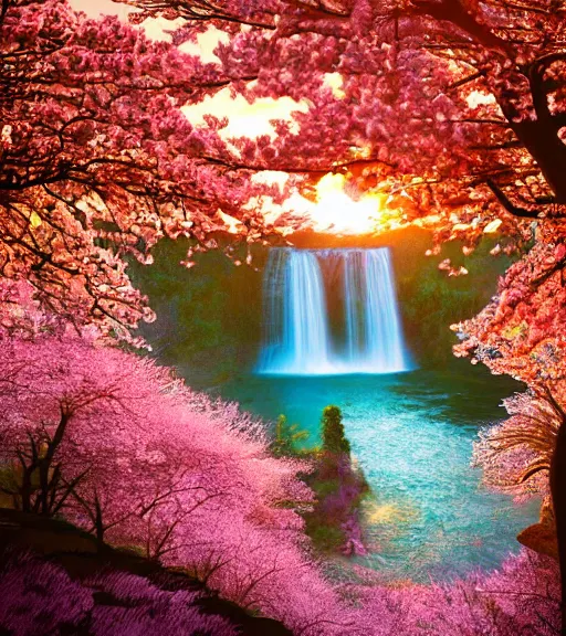 Image similar to featured on artstation cherry tree overlooking valley waterfall sunset beautiful image stylized digital art