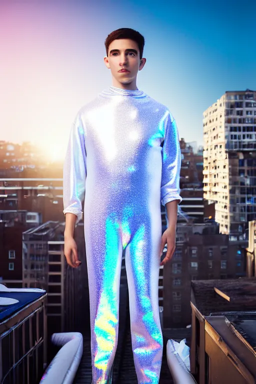 Image similar to un ultra high definition studio quality photographic art portrait of a young man standing on the rooftop of a british apartment building wearing soft loose inflatable padded iridescent pearlescent clothing. three point light. extremely detailed. golden ratio, ray tracing, volumetric light, shallow depth of field. set dressed.