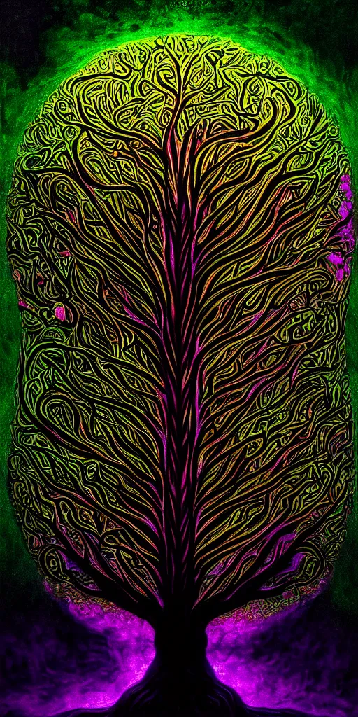 Prompt: Tree of life, 8k texture, HD, Noah Bradley, otherworldly, psychedelic black light style, Incredible Black and dark green Illustration, Exquisite detail, post processed