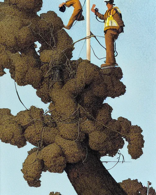 Image similar to a hornet nest on a telephone pole and a lineman working on the pole. full color lithograph by maxfield parrish