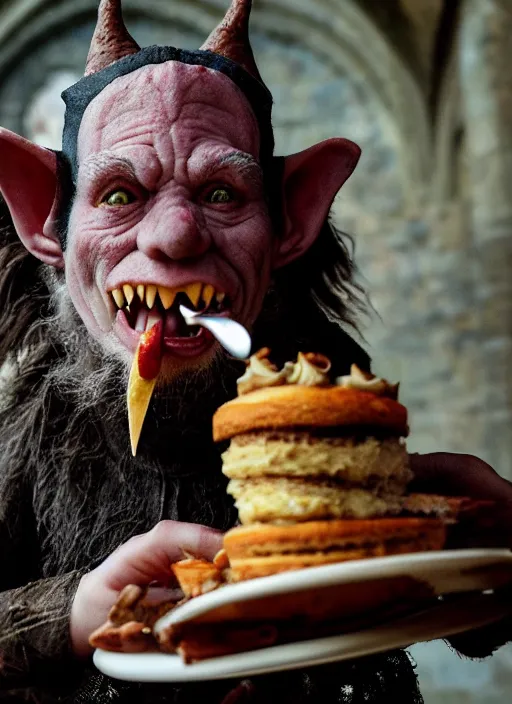 Image similar to closeup portrait of a medieval goblin eating cakes in the cloisters, depth of field, zeiss lens, detailed, symmetrical, centered, fashion photoshoot, by Annie Leibovitz and Steve McCurry, David Lazar, Jimmy Nelsson, Breathtaking, 8k resolution, extremely detailed, beautiful, establishing shot, artistic, hyperrealistic, beautiful face, octane render