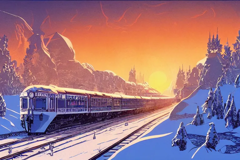 Image similar to trans - siberian express train illustration by joe fenton and syd mead and p. craig russell and barry windsor - smith, artstation, 4 k, graphic novel, concept art, matte painting, beautiful russian winter landscape sunset background, golden hour, art nouveau