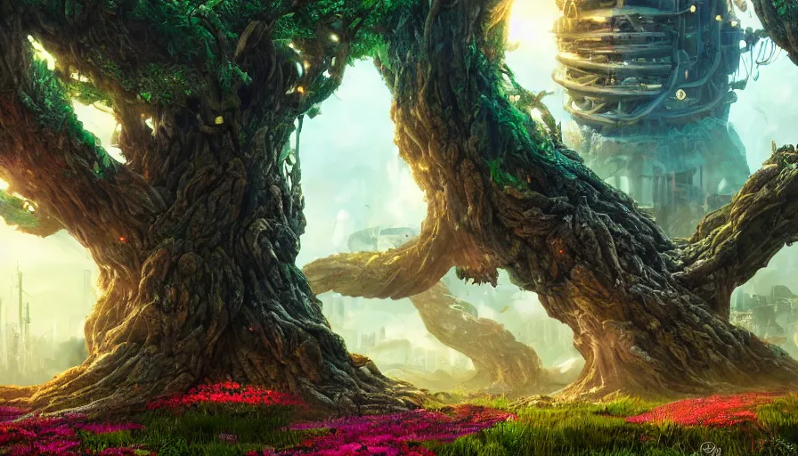 Image similar to ben lo illustration of the largest tree in the world under force field, bioshock concept art, solarpunk, hopeful, colorful, flowers, deity, unreal engine, hyper realism, realistic shading, cinematic composition, realistic render, octane render, detailed textures, photorealistic, wide shot