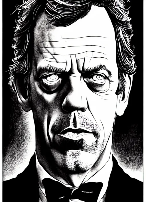 Prompt: a portrait of hugh laurie by steampoweredmikej, by tim bradstreet, inktober, ink drawing, black and white, coloring pages, manga, highly detailed