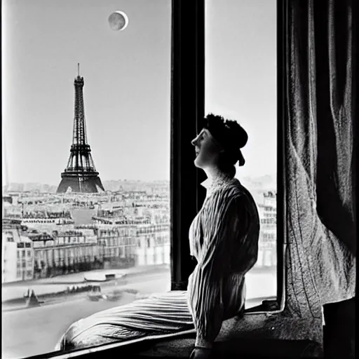 Image similar to a young edwardian woman sits in a window overlooking paris with the eiffel tower visible in the background, the moon is behind the eiffel tower, it's nighttime