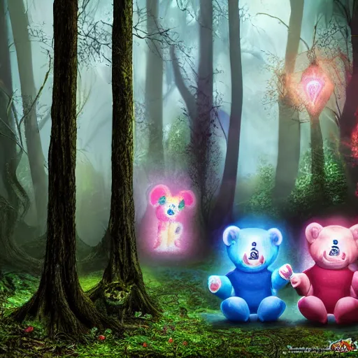 Image similar to demonic care bears in magical forest, dark atmosphere, high detail, soft lighting, 8 k