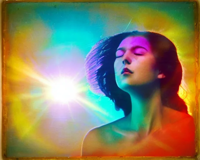 Prompt: a woman's face in the water, serene emotion, jellyfish elements, polaroid, glitched, red, yellow, purple, sun rays
