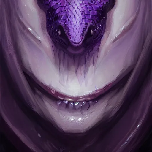 Prompt: a portrait of a violet snake-head, snake head, two fangs, violet theme, epic fantasy digital art, fantasy style art, by Greg Rutkowski, fantasy hearthstone card art style
