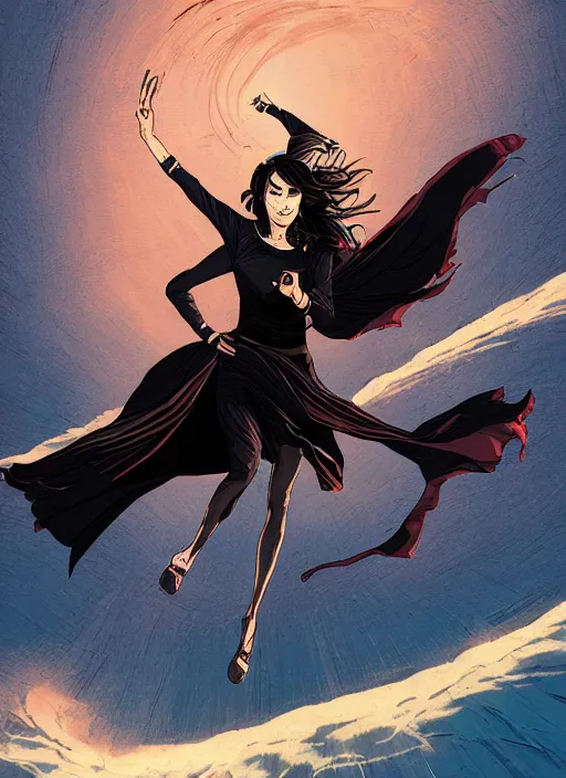 Image similar to illustration of a woman flying through the air, leaving a trail of strips of cloth, black hair wearing black clothes and cape made of long strips of fabric, medieval town landscape, trending on artstation, by dan mumford, yusuke murata, makoto shinkai, ross tran, josan gonzalez, cel shaded, flat colors