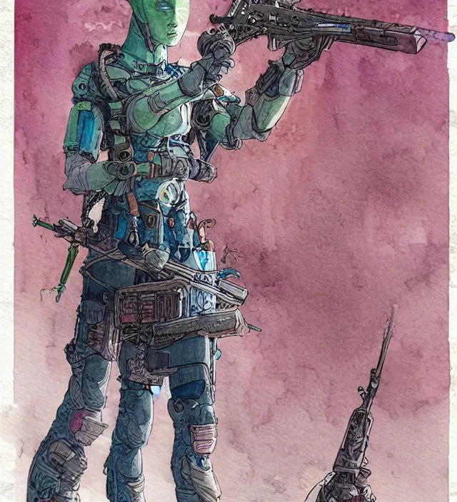 Image similar to a watercolor ink painting of an cyberpunk elven sniper in the style of jean giraud in the style of moebius trending on artstation deviantart pinterest detailed realistic hd 8 k high resolution