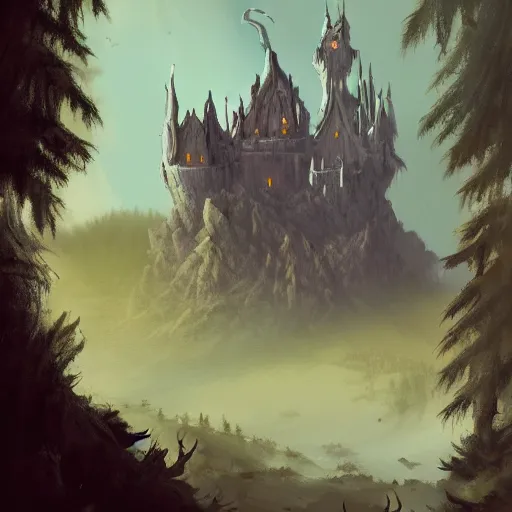 Prompt: evil fantasy castle on a mountain, dungeons and dragons, epic illustration, fantasy illustration, epic, 8 k, artstation, giant axe