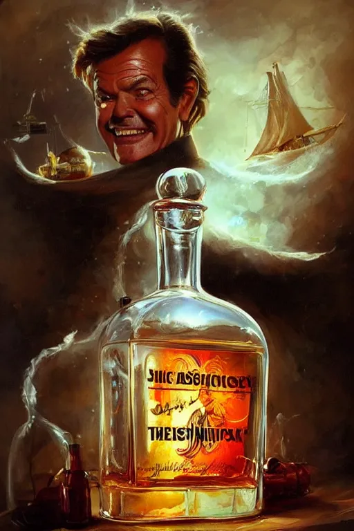 Prompt: a ship in a bottle but instead of a ship it is jack nicholson in the bottle, a young jack nicholson, fancy whiskey bottle, masterpiece painting by artgerm and tom bagshaw and boris vallejo