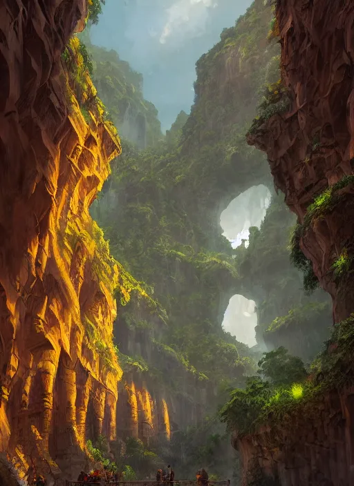 Image similar to medieval city built on terraces in a gigantic canyon, lots of buildings connected by hanging bridges, waterfalls, glow coming from amber veins in the ground, lush vegetation, pitchblack sky, extremly detailed digital painting, in the style andreas rocha and greg rutkowski, rim light, beautiful lighting, 8 k, stunning scene, octane, trending on artstation