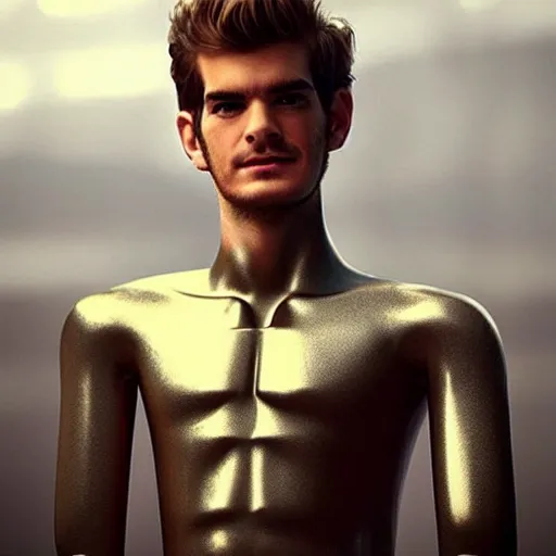 Image similar to “a realistic detailed photo of a guy who is an attractive humanoid who is half robot and half humanoid, who is a male android, Andrew Garfield, shiny skin, posing like a statue, blank stare”