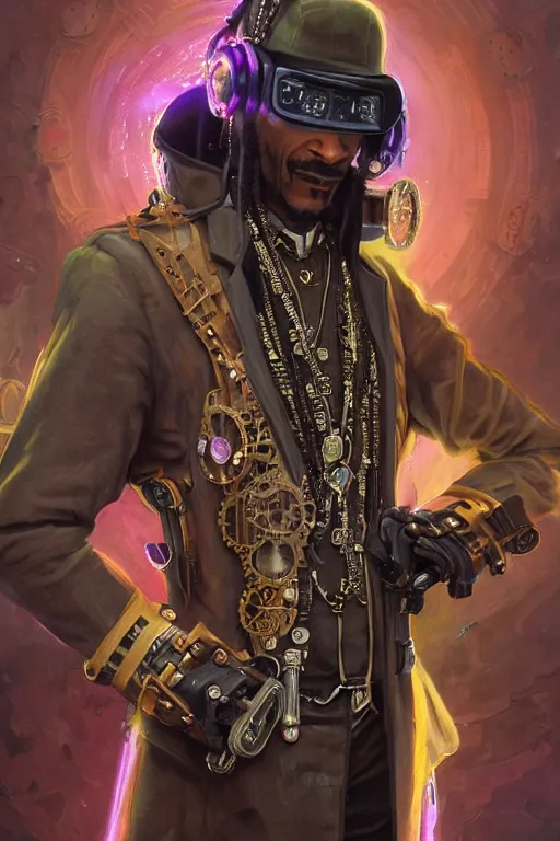 Image similar to snoop dog as a steampunk cyborg gunslinger, portrait, cyber western, neon, duster, fantasy, intricate, elegant, highly detailed, digital painting, artstation, concept art, sharp focus, illustration, art by artgerm and greg rutkowski and alphonse mucha