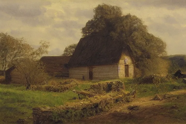 Image similar to a barn in the countryside, reamatic lighting, edward harrison compton