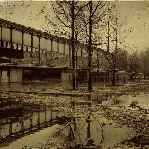 Prompt: flooded abandoned overgrown supermarket, highly detailed, ominous, dusk, overcast, photorealistic, 1900s photo