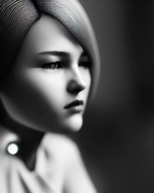 Image similar to black and white dreamy young beautiful female artificial intelligence, cinematic, rim light, bokeh, photo - realistic, elegant, high detail, 8 k, masterpiece, iris van herpin, yoji shinkawa, photo taken in 1 9 3 0