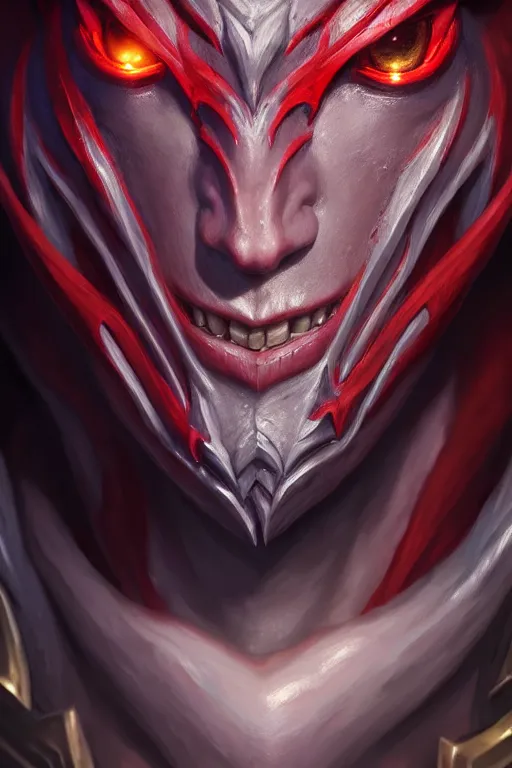 Prompt: ultra detailed facial close up portrait of aatrox from league of legends, by riot games, extremely detailed digital painting, in the style of fenghua zhong and ruan jia and jeremy lipking and peter mohrbacher, mystical colors, rim light, beautiful lighting, 8 k, stunning scene, raytracing, octane, trending on artstation