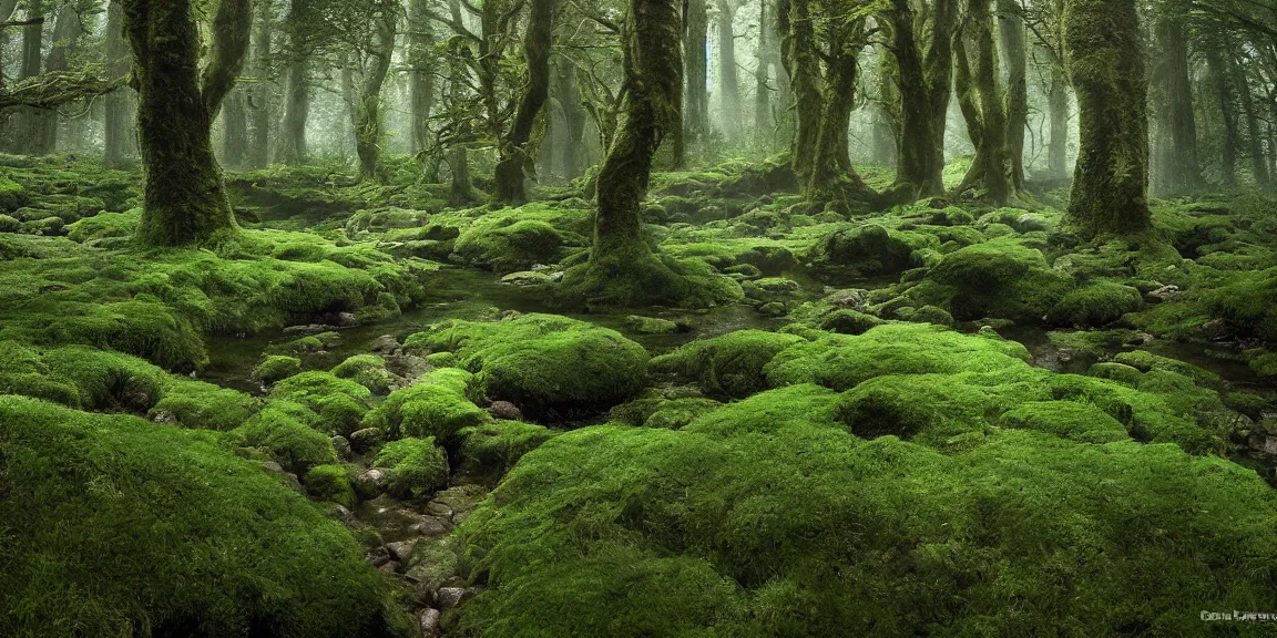 Prompt: Celtic broadleaf forests, sessile oak, mossy and with ferns. A small creek running through the forests in Scotland, small woodland wildflowers. Juniperus communis shrubs. F. Trending on Artstation, deviantart, worth1000. By Greg Rutkowski. National Geographic and iNaturalist HD photographs