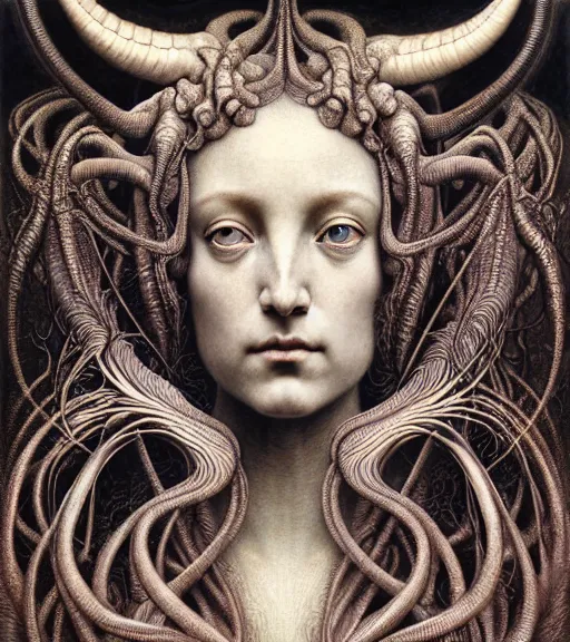 Prompt: detailed realistic beautiful horned goddess face portrait by jean delville, gustave dore, iris van herpen and marco mazzoni, art forms of nature by ernst haeckel, art nouveau, symbolist, visionary, gothic, neo - gothic, pre - raphaelite, fractal lace, intricate alien botanicals, biodiversity, surreality, hyperdetailed ultrasharp octane render