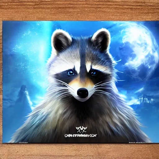 Image similar to final fantasy box art depicting an ethereal blue raccoon