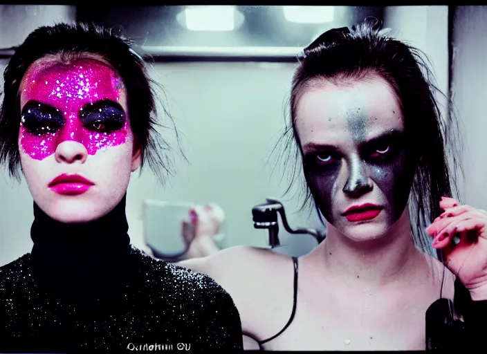 Prompt: cinestill 5 0 d candid photographic portrait by quentin tarantino of a beautiful feminine man wearing black techwear and glitter makeup looking in a broken bathroom mirror, cramped new york apartment, full shot, retrofuturism cyberpunk cinematic, 8 k, hd, high resolution, 3 5 mm, f / 3 2, ultra realistic faces, clockwork orange