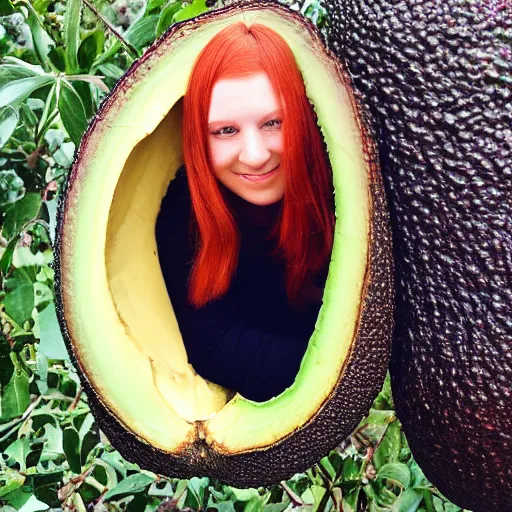 Image similar to red headed young woman inside a giant avocado