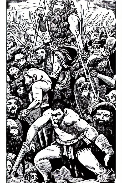 Image similar to ancient historically accurate depiction of the Bible Character Goliath of Gath, the Philistine warrior giant by mcbess