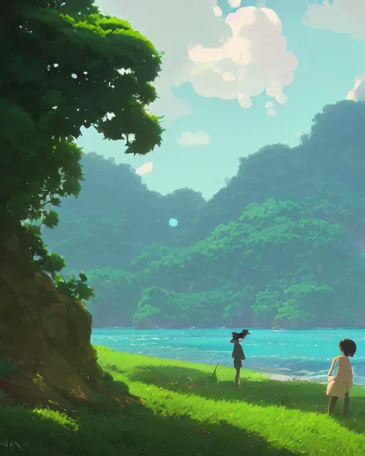 Image similar to a forgotten island with lush vegetation, beautiful clouds, azure water, cory loftis, james gilleard, atey ghailan, makoto shinkai, goro fujita, studio ghibli, rim light, exquisite lighting, clear focus, very coherent, plain background, soft painting