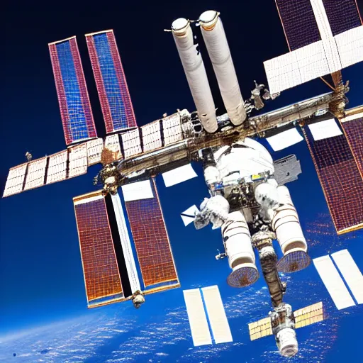 Image similar to a detailed sketch of the international space station, with the sun reflecting off of it's windows, various refining methods, micro macro autofocus, ultra definition, cinematic